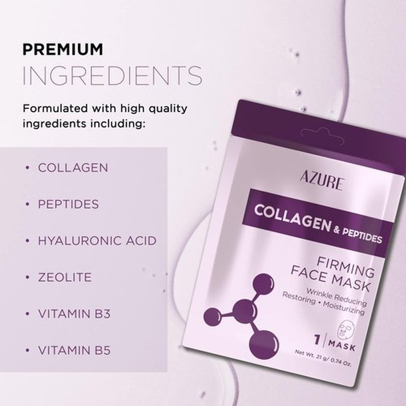AZURE Collagen & Peptides Lifting Sheet Facial Mask - Restoring, Smoothing & Moisturizing Face Mask - Helps Reduce Fine Lines & Wrinkles, Smooths & Repairs - Skin Care Made in Korea - 10 Pack