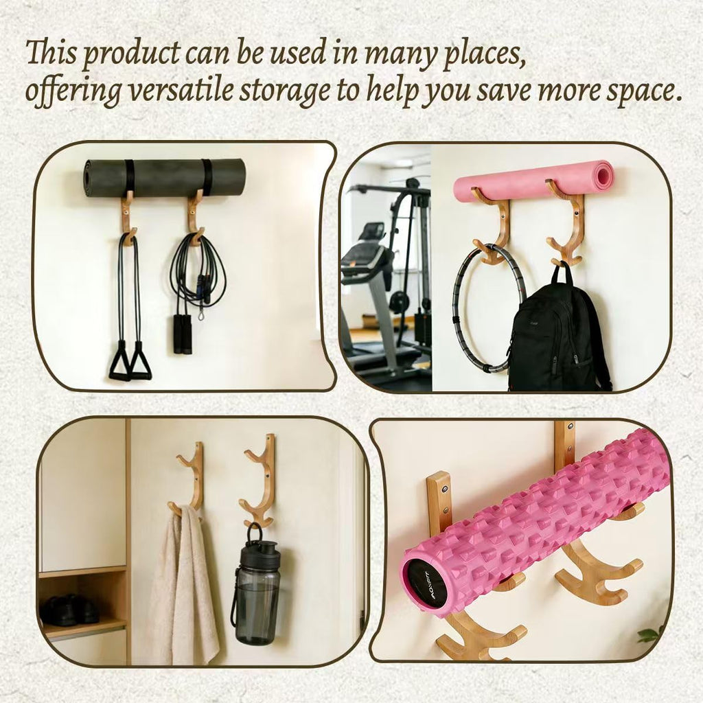 Leemeexaa Wooden Yoga Mat Holder Wall Mount, Wooden Yoga Mat Storage Rack, Solid Wooden Yoga Mat Holder, Yoga Mat Holders with hooks Space Saving Yoga Mat Holders for Mats,Resistance Bands,Jump Ropes,Home Fitness Storage