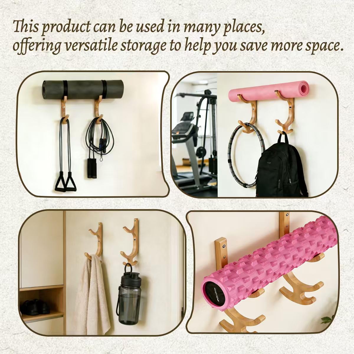 Leemeexaa Wooden Yoga Mat Holder Wall Mount, Wooden Yoga Mat Storage Rack, Solid Wooden Yoga Mat Holder, Yoga Mat Holders with hooks Space Saving Yoga Mat Holders for Mats,Resistance Bands,Jump Ropes,Home Fitness Storage