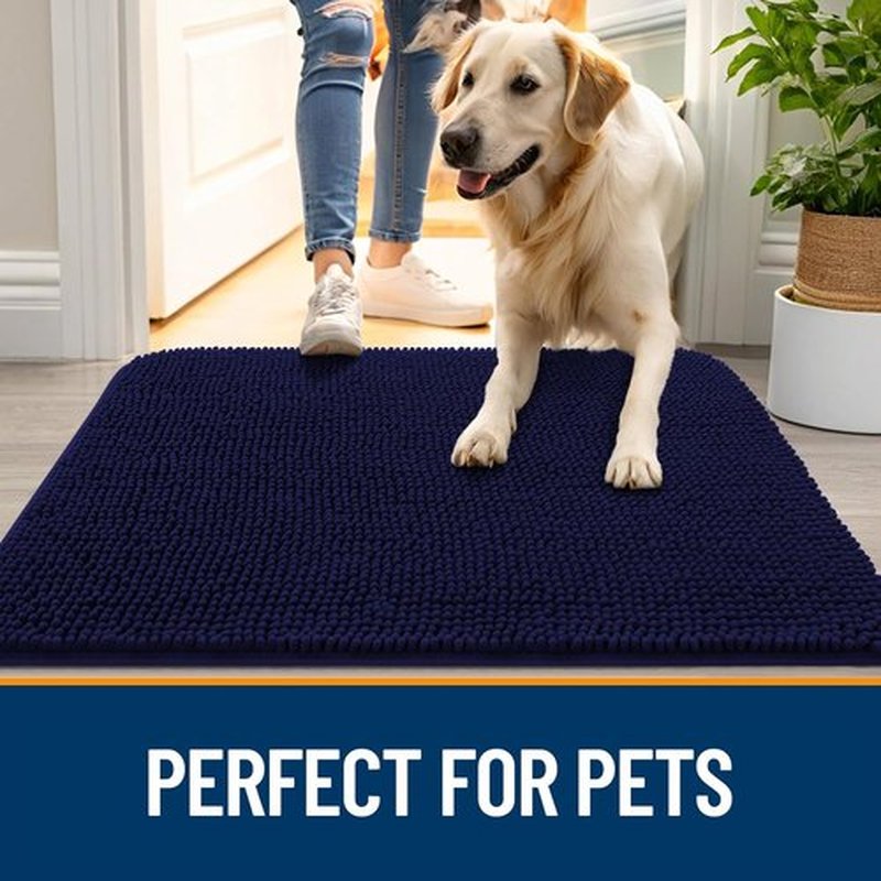 OLANLY Dog Door Mat - Absorbent Non-Slip Chenille Mat for Muddy Paws | 47x24, Navy Blue, Quick Dry