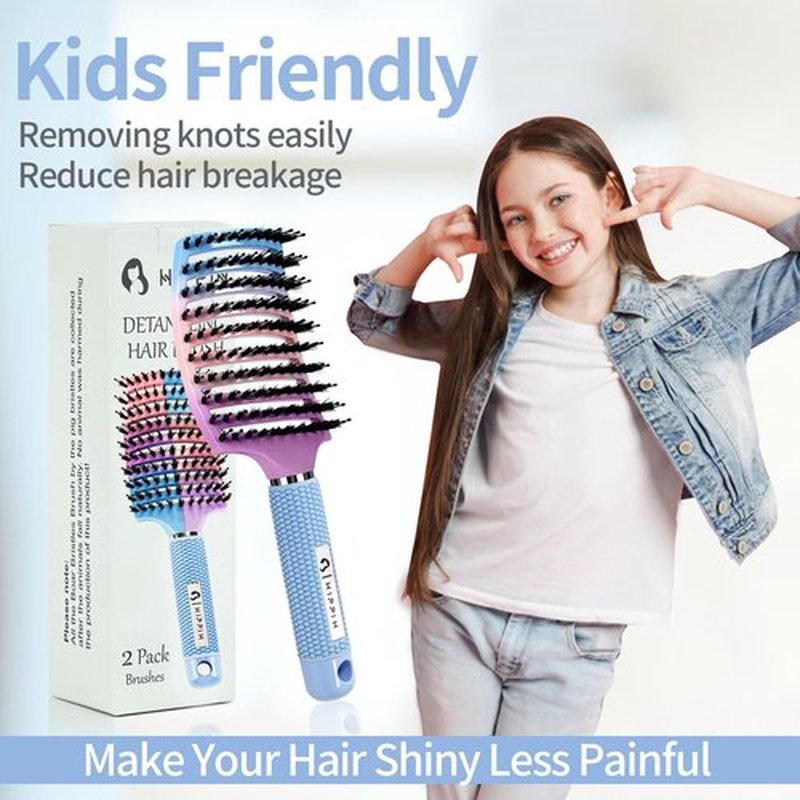 Boar Bristle Hair Brush Set of 2, HIPPIH Wet & Dry Hair Brushes Made by Fine Natural Boar Hair Can Adds Shine and Smoothing, Detangling Hairbrush for Women, Men & Kids' Long Curly Thick Hair