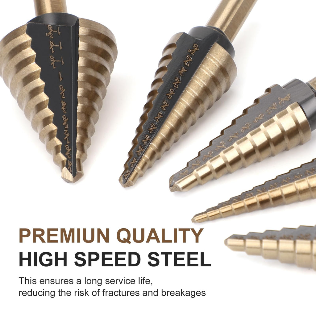 5 Pcs Step Drill Bit & 5 Pcs Countersink Drill Bit Set, Titanium High Speed Steel Step Drill Bit, 50 Sizes of Step Bits for Metal, HSS Step Bit with Aluminum Case for DIY, Multiple Hole Stepped Up Bit