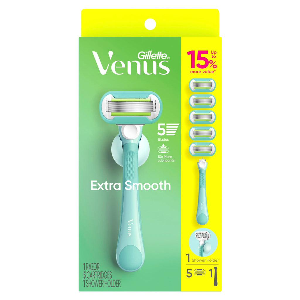 Gillette Venus Extra Smooth Women's Razor with Reusable Handle, 5 Blade Refills and Shower Holder