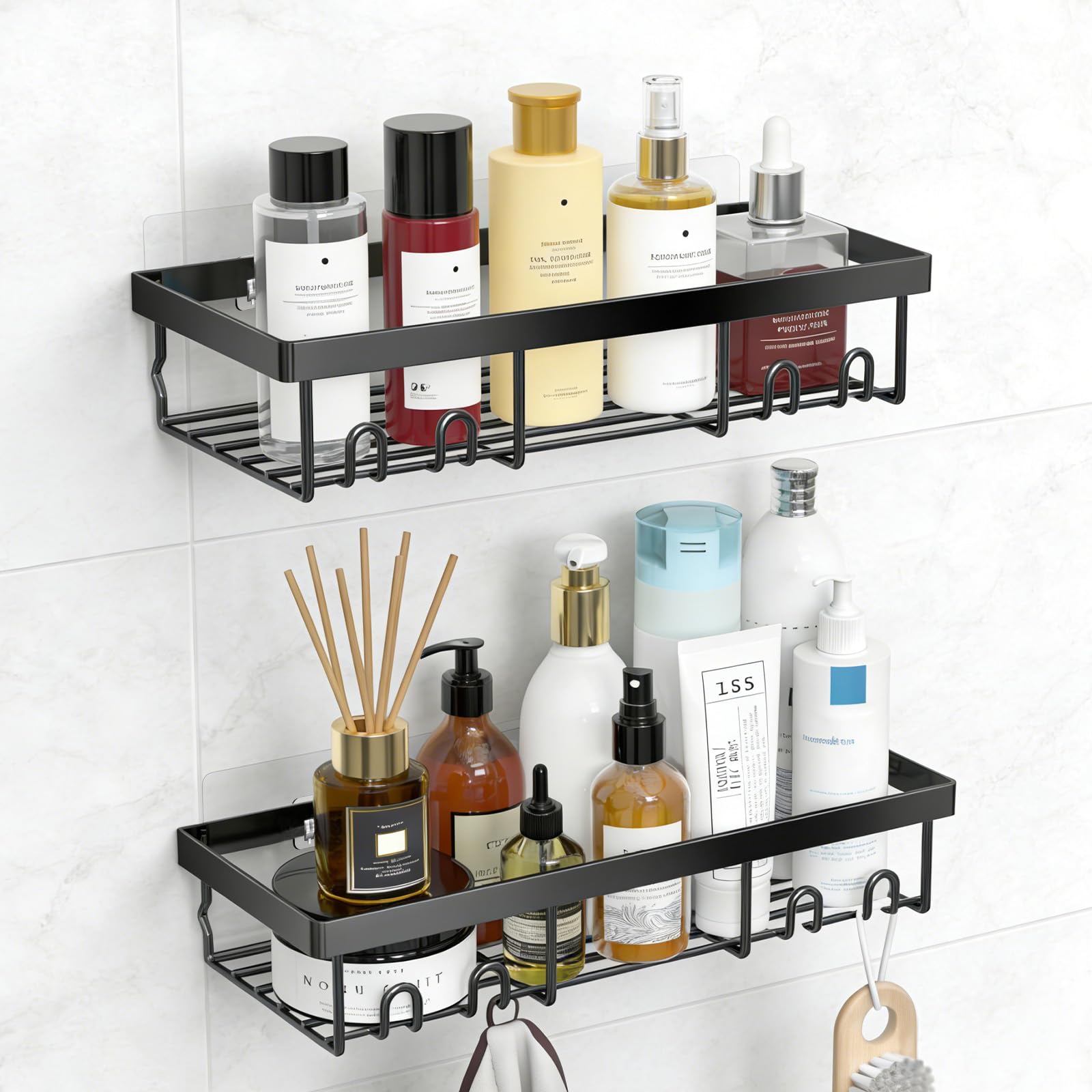 DSJIFGEW 9 Pack Shower Caddy Adhesive Replacement Strips, Heavy Duty Clear Waterproof Sticky Hooks, No Drilling Wall Mount for Shower Shelves, Bathroom Storage, Kitchen Rack & Soap Holder