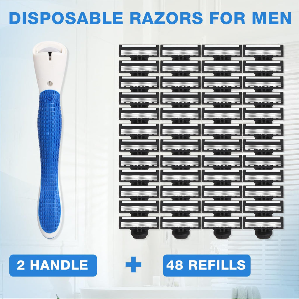 Lanties 50 Pcs Refillable Three Blade Disposable Razors for Men Sensitive Skin Razor Travel Shave Set Shaving Gift Set, 2 Handle & 48 Cartridges