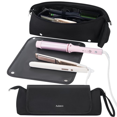 Aubeco Hot Hair Tools Travel Bag, Fireproof Removable Mat, 2-in-1 Portable Organizer, Waterproof Storage Case for Flat Irons, Straighteners, Curling Iron, Hair Dryer, with Interior Divider Pockets