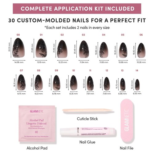 Glamnetic Press On Nails - 'Til Death | Ombre 3D Lace Medium Almond Fake Nails with Glossy Finish, Salon Quality Halloween Nails | 15 Sizes - 30 Nail Kit with Glue