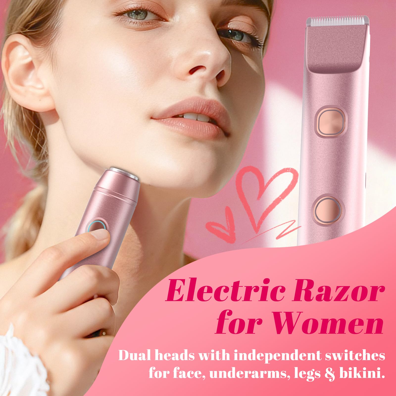 Fanovae Bikini Trimmer for Women – Dual-Head Electric Razor, IP67 Waterproof USB-C Rechargeable Shaver for Bikini Line, Underarms, Legs & Face, Rose Gold Stocking Stuffer Holiday Gift
