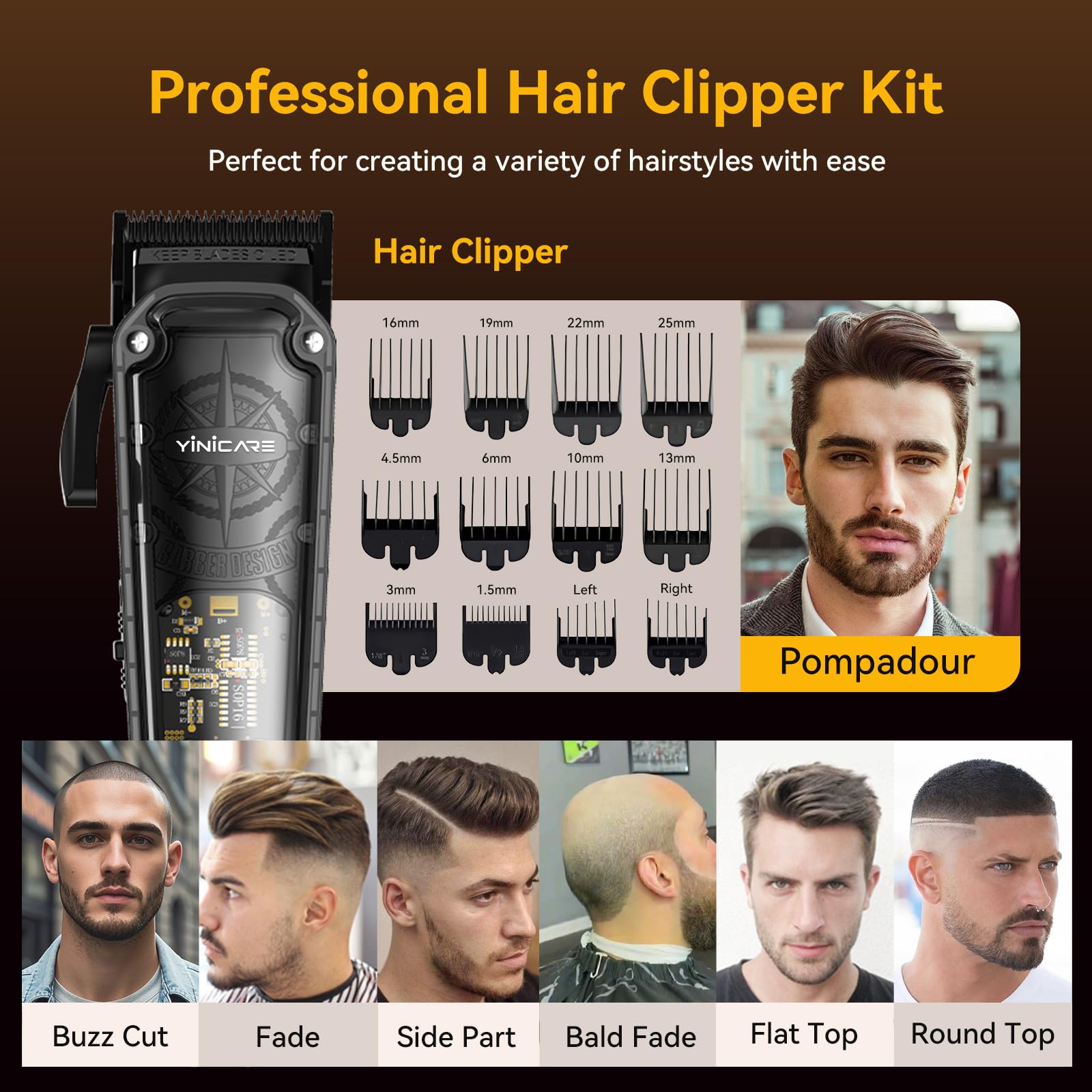 Hair Clippers for Men Barber Kit - Yinicare Professional Cordless Electric Hair Cutting Set with Pomade Hair Clipper, Zero Gap T-Blade Trimmer, Guards for Mens Haircut (Hair Clippers Set 1)