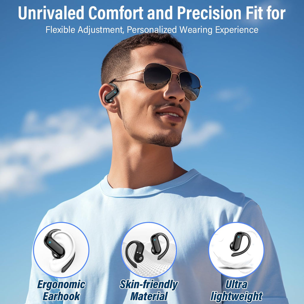 Open Ear Earbuds, Bluetooth 5.4 Wireless Earbuds with Ear Hooks, 32H HiFi Stereo Open Ear Headphones with Clear Calls, IPX7 Lightweight Air Conduction Headphones for Workouts and Running, Black