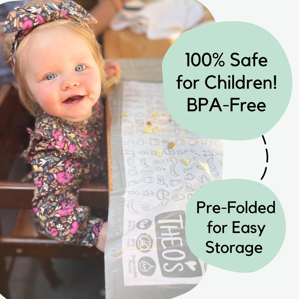 THEO'S 50 Pack Stick on Disposable Table Mats for Kids & Baby Led Weaning | Large 12" x 18" Restaurant Placemats in Re-usable Travel Pouch