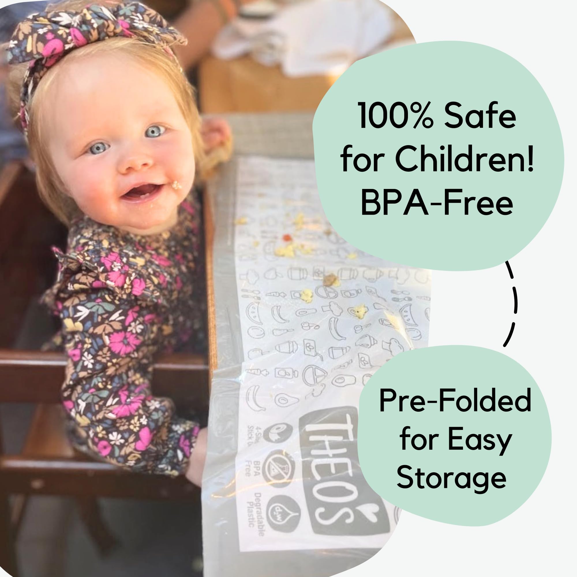 THEO'S 50 Pack Stick on Disposable Table Mats for Kids & Baby Led Weaning | Large 12" x 18" Restaurant Placemats in Re-usable Travel Pouch