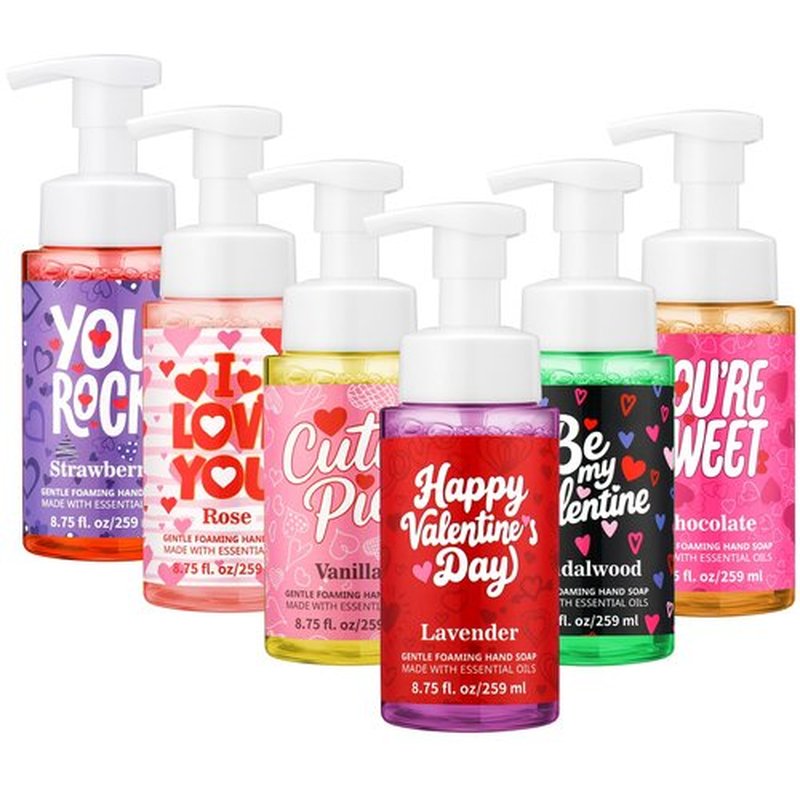 Swiffen 6 Pack Valentine's Foaming Hand Soap with Pump Care Moisturizing Liquid Scented Foam Hand Wash Valentine's Galentine's Day Sweet Gifts for Kitchen Bathroom Family Teacher Staff 8.75 Fl. oz