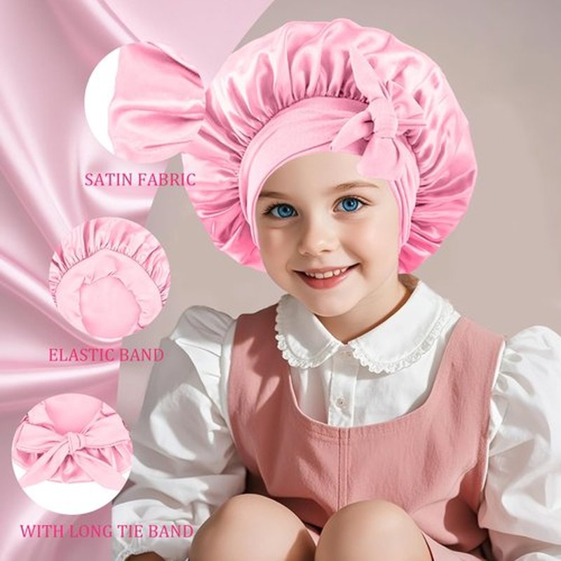 3 PCs Kids Bonnets for Girls, Silk Bonnet for Kids, Satin Bonnet for Sleeping, Baby Toddler Hair Cap with Tie Band (Rose Pink+Peach Pink+Black)
