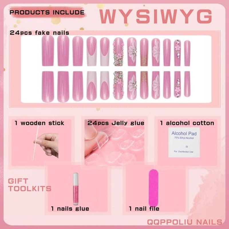 QQPPOLIU Press on Nails,Long Press on Nails Square,Long Nails,Long Fake Nails,Long Nails Press on，for Prom/Party/Holiday,Gift for Women (Peony,with Rhinestones and Flower Design)