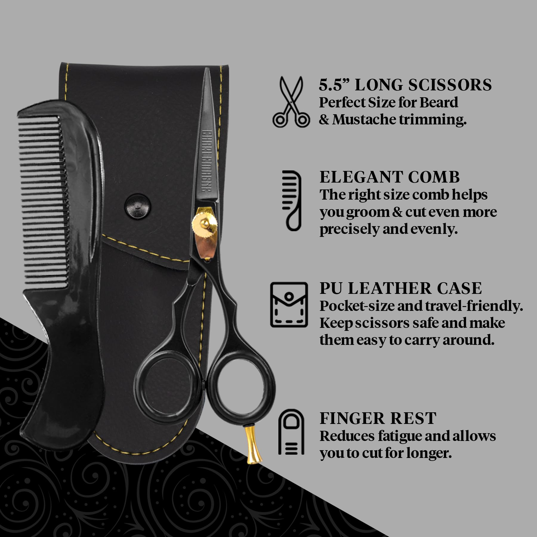 Charlemagne Hand-Forged Japanese Steel Beard & Mustache Scissors - Stainless Steel, 5.5 in - Precision Beard Trimming - Nose Hair Scissors - Fits Mustache Kit & Grooming Kit