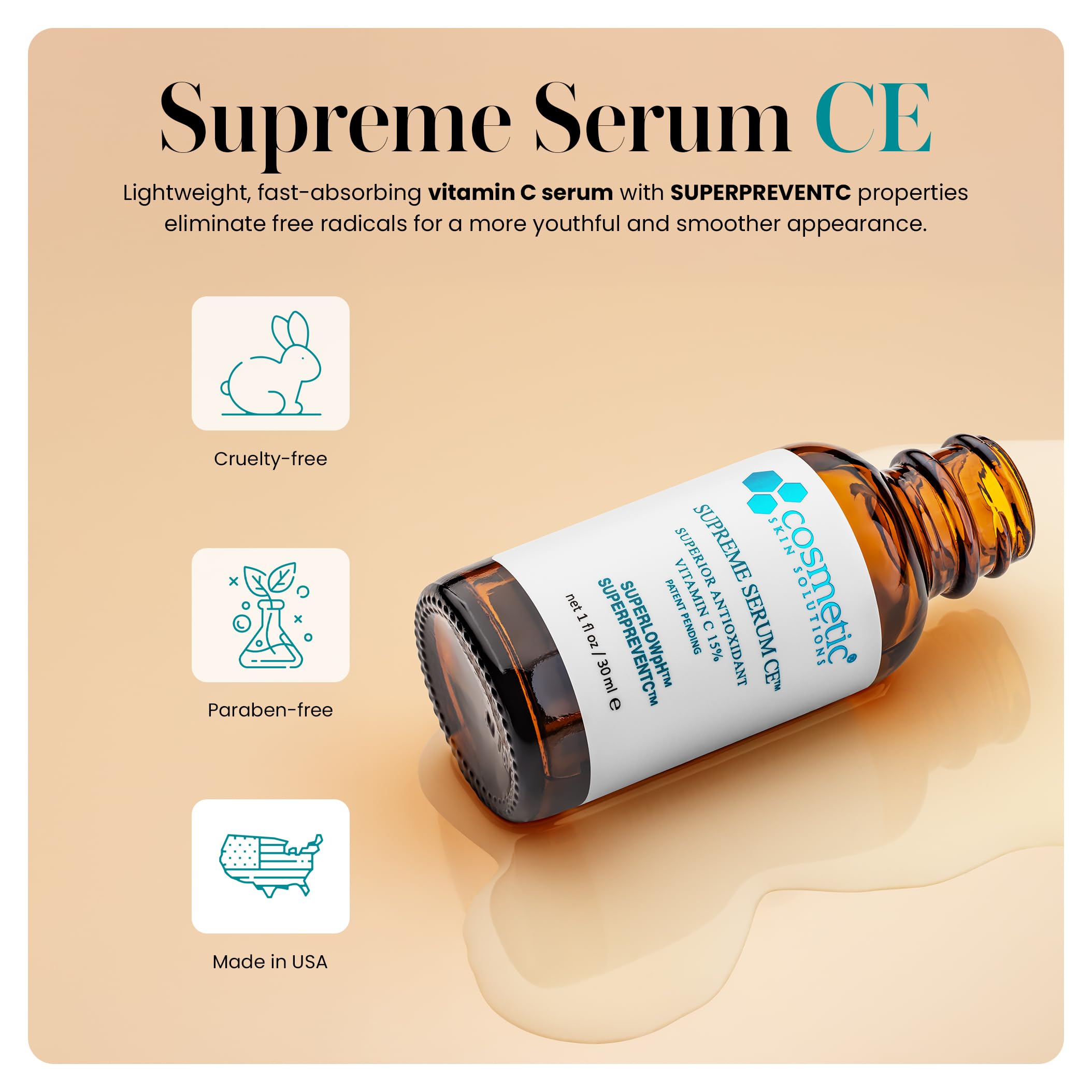 Supreme Serum CE – Vitamin C Face Serum with Vitamin E & Hyaluronic Acid – Antioxidant Rich Anti-Aging & Hydrating Formula – 1 fl oz
