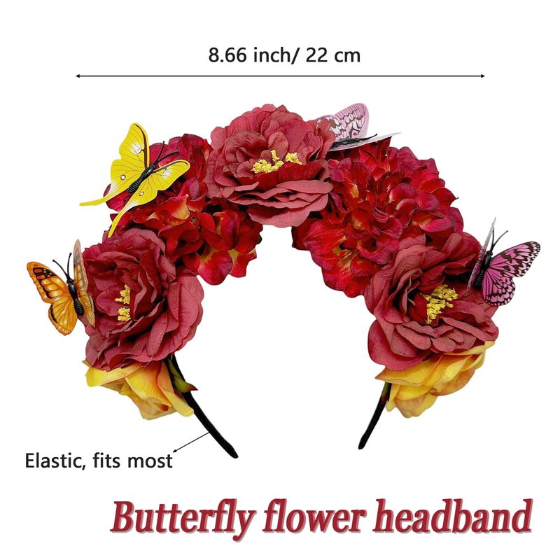 Yheahin Mexican Rose Flower Crown Headband for Women Butterfly Floral Headpiece Day of The Dead Headband Cosplay Party Costume Flower Hair Accessories (Butterfly 2- red, Elastic)