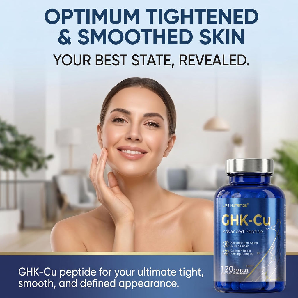 Life Nutrition GHK-Cu Copper Peptide Supplement, 120 Vegan Capsules, High Potency, Promotes Skin Repair, Radiant Skin Elasticity, Anti-Aging & Hair Growth Support