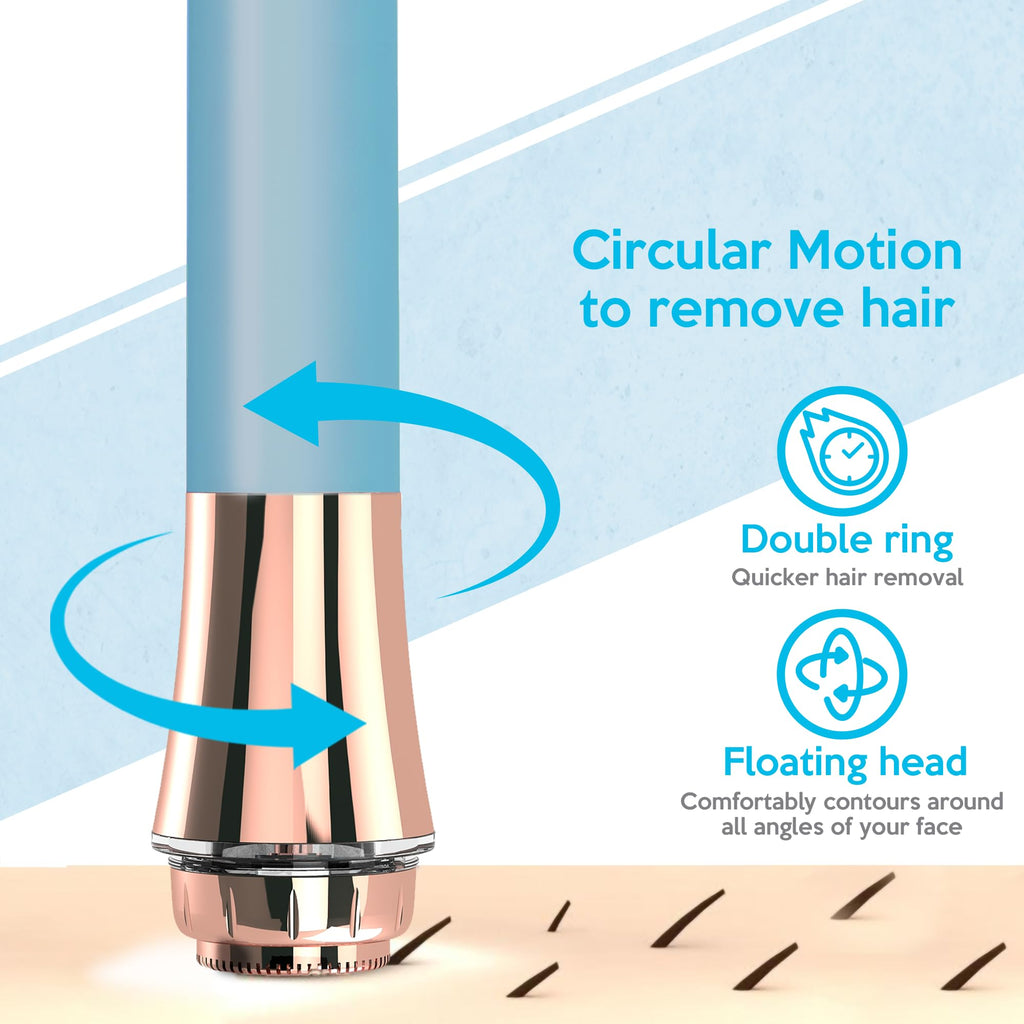 Facial Hair Removal for Women, Rechargeable 16mm Dual Ring Floating Head Blade Painless Electric Face Hair Remover, Face Shaver Razor & Trimmer for Upper Lip, Chin, 18K Gold-Plated / 360°LED Light