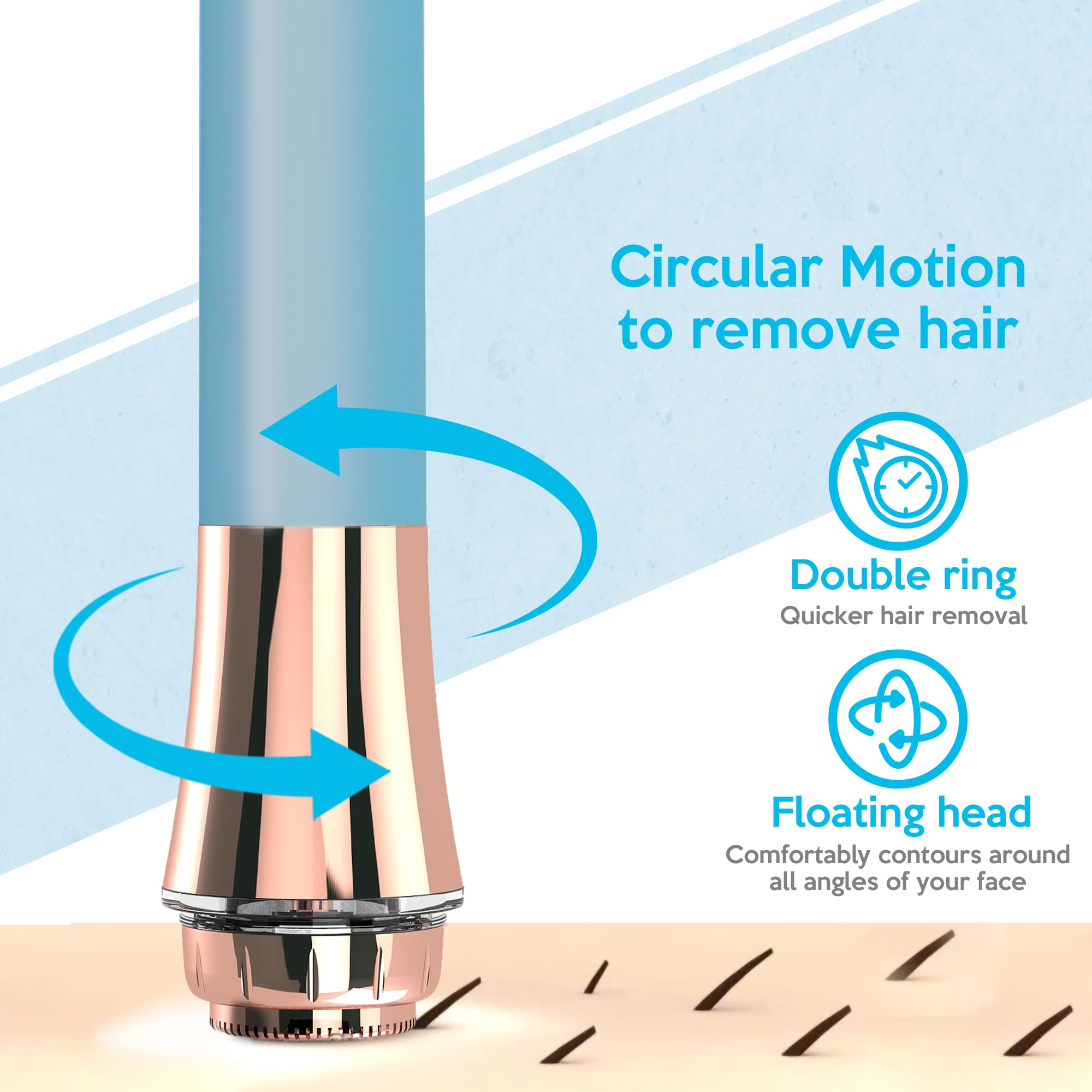 Facial Hair Removal for Women, Rechargeable 16mm Dual Ring Floating Head Blade Painless Electric Face Hair Remover, Face Shaver Razor & Trimmer for Upper Lip, Chin, 18K Gold-Plated / 360°LED Light