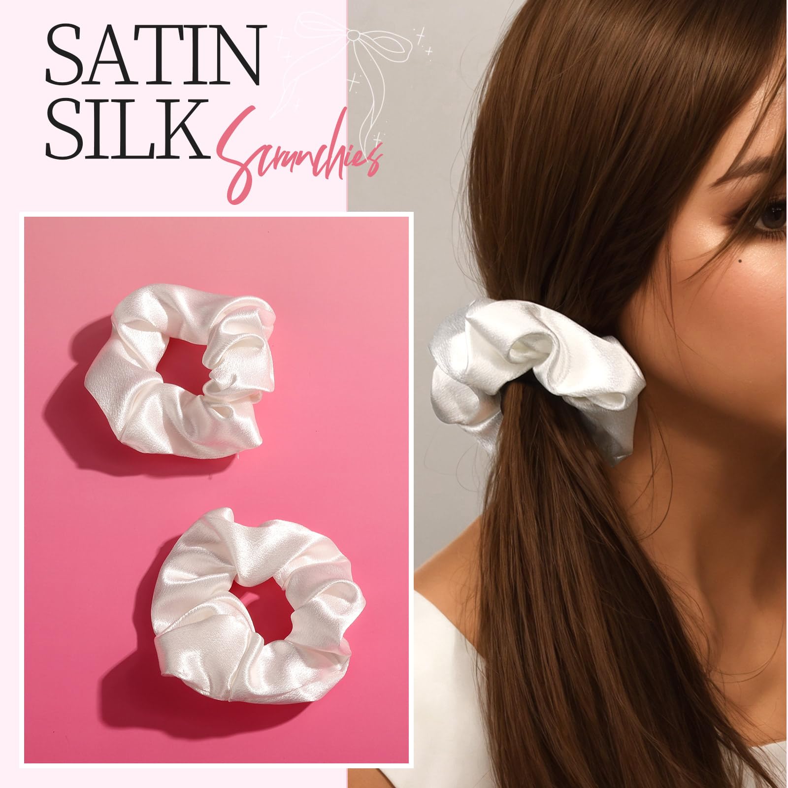 YGDZ 16PCS White Oversized Silky Satin Hair Bows Set, Ribbon Bows with Scrunchies for Women & Girls, Christmas Stuffers Xmas Gift, White Hair Accessories for Christmas & Wedding
