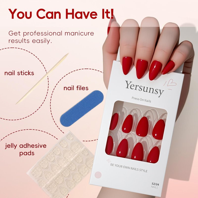 Yersunsy Short Almond Press On Nails, Durable Reusable Glossy Artificial Nails Kit with Adhesive Tabs, 24 Pcs 12 Sizes for Fashion Women, Perfect for for Daily Outfits, Party or Date, Red