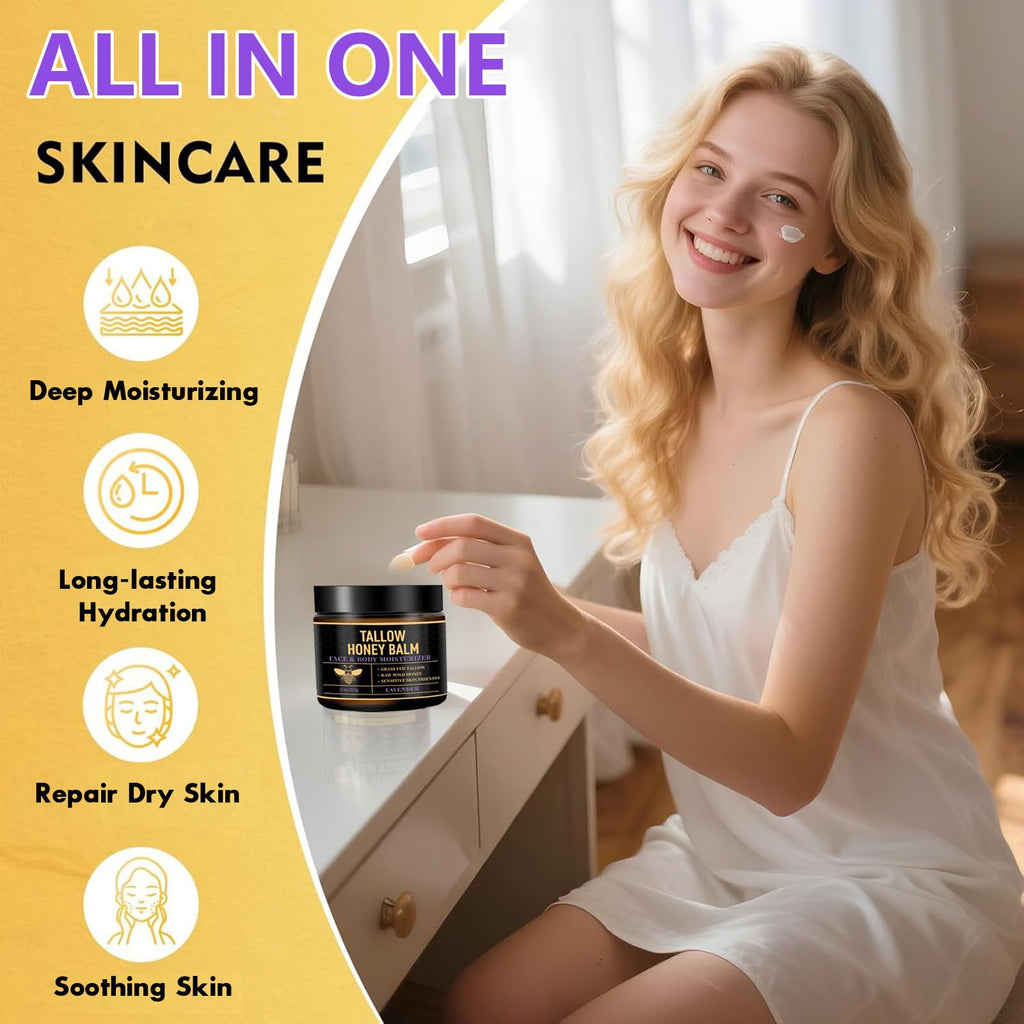 UMHWYZW 2 PCS Tallow and Honey Balm for Face with Lavender Aroma, Organic Grass Fed Beef Tallow for Skin Care for Men Women, Natural Body Moisturizer Cream for Dry Skin(Lavender)