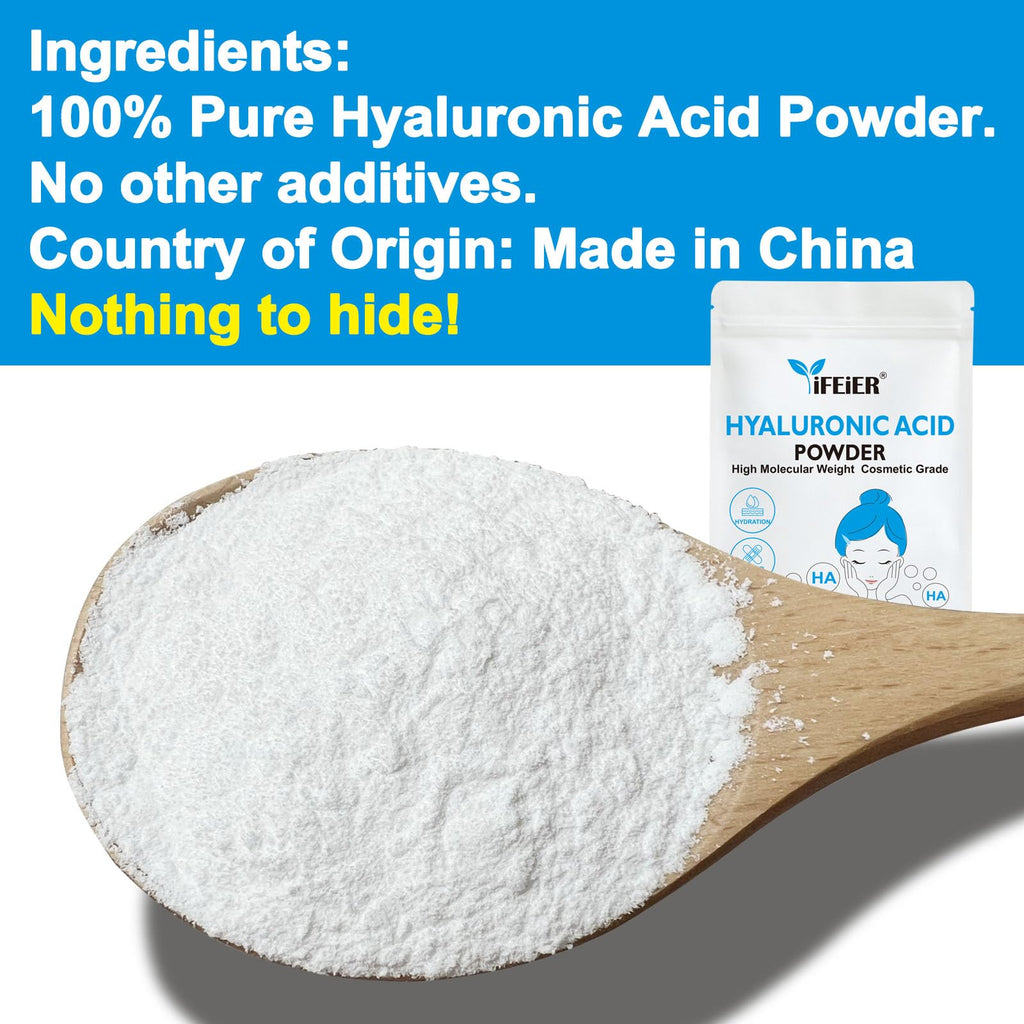 iFEiER Hyaluronic Acid Powder | High Molecular Weight Hyaluronic Acid Serum Powder | 1.5oz(42.5g) Cosmetics Grade | Sodium Hyaluronate | LMW HMW HA ingredient to make gel for DIY Serums
