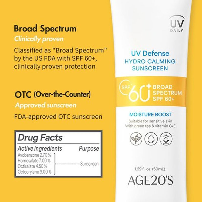 AGE20'S UV Defense Hydro Calming Sunscreen SPF 60+ | Korean Sunscreen | Moisturizing Creamy Formula, No White Cast, Lightweight Finish | Green Tea + Aloe Vera | Dermatest Excellent | 1.69 fl.oz*1