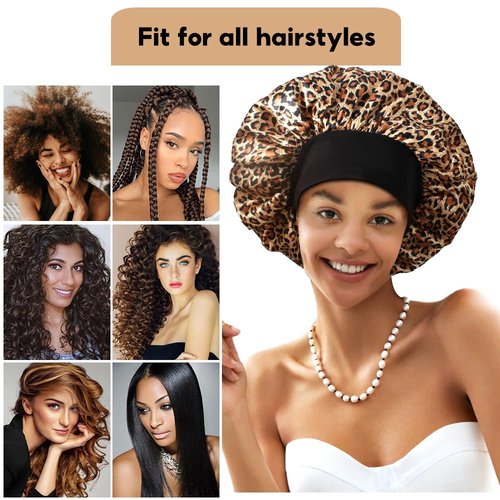 3+3 Large Satin Bonnets with Scrunchies for Women, Wide Band Hair Bonnet for Sleeping Braids Curly Hair, F