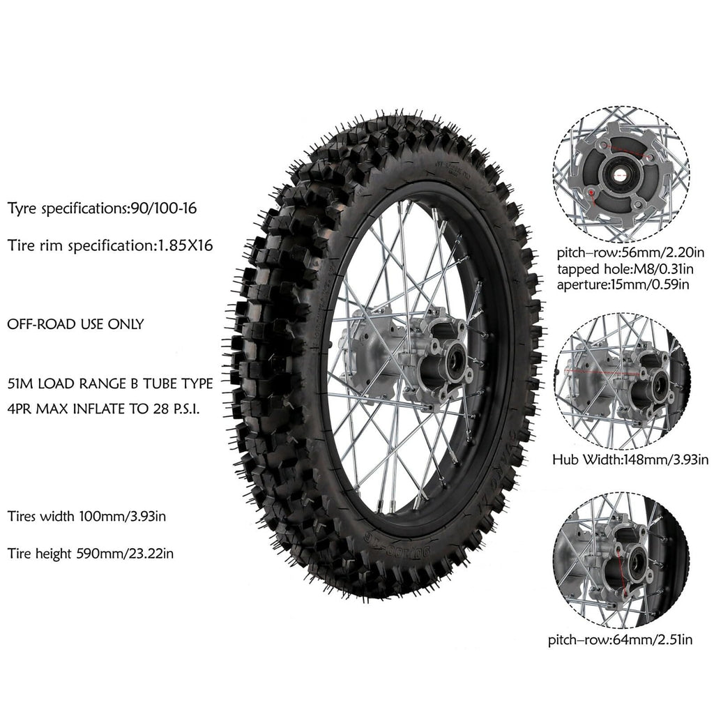 16" Rear Wheel Rim Tire Combo Fits Yamaha TTR125 Honda XR100 CRF150F 200cc 250cc SSR Dirt Bike - 1.85x16 Inch Motorcycle Tire & Rim Set