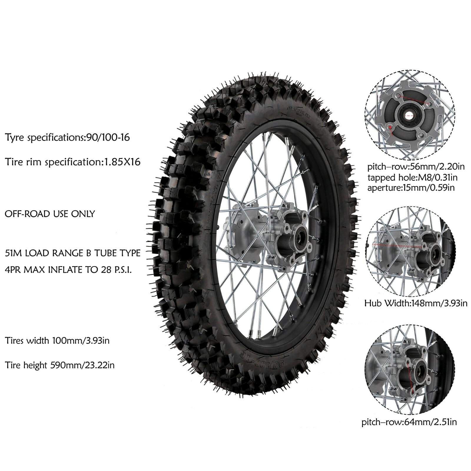 16" Rear Wheel Rim Tire Combo Fits Yamaha TTR125 Honda XR100 CRF150F 200cc 250cc SSR Dirt Bike - 1.85x16 Inch Motorcycle Tire & Rim Set