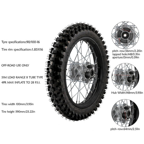 16" Rear Wheel Rim Tire Combo Fits Yamaha TTR125 Honda XR100 CRF150F 200cc 250cc SSR Dirt Bike - 1.85x16 Inch Motorcycle Tire & Rim Set