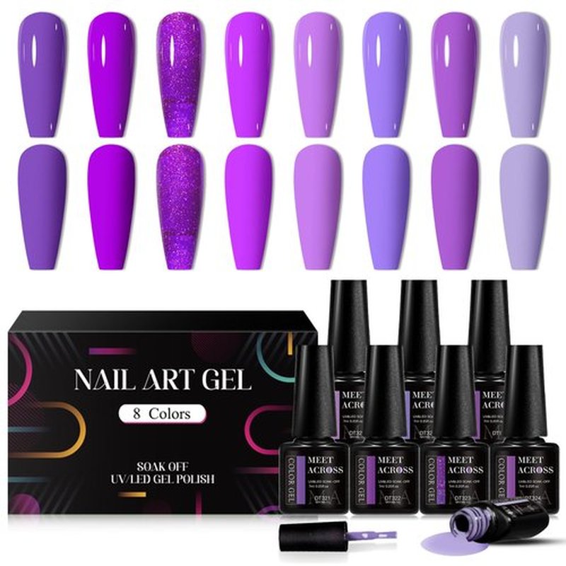 MEET ACROSS Gel Nail Polish Set 8 Colors Gel Polish Set Purple Nude Nail Polish Soak Off LED Nail Art Manicure Holiday Grape Purple Gel Nail Kit Gifts for Women DIY Home Salon