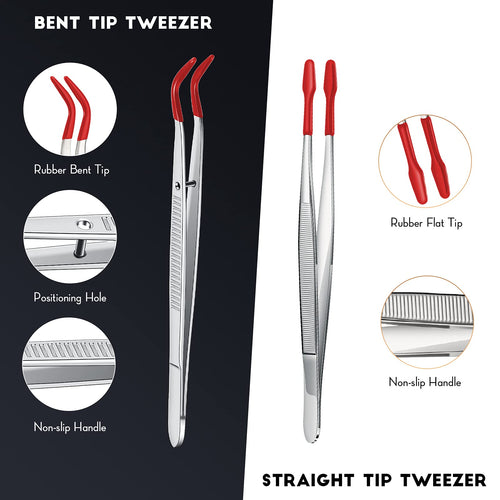 2 Piece Tweezers with Rubber Tips Set - Bent and Straight Flat Tips Tweezers PVC Coated for Stamp Coins Jewelry Crafts, Electronics(Silver, Red)