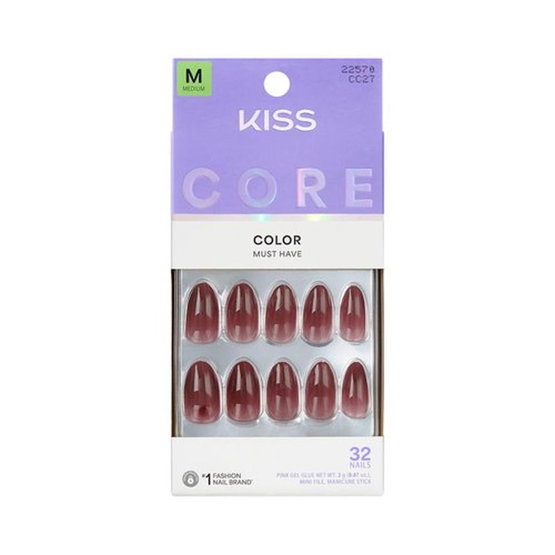 KISS CORE Color Press On Nails Almond, Pinot Noir, Red, Medium, 32 Count