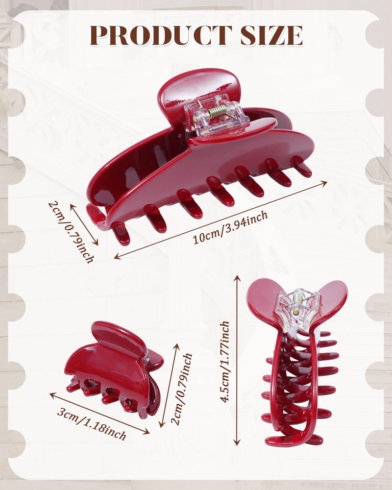 Ufgin Cherry Red Acetate Hair Claw Clips for Women 3.9 Inch Large French Banana Clip and 2 PCS Small No-Slip Claw Clips for Thick or Thin Hair（Red）