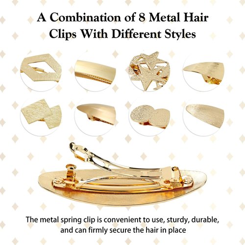 Dizila 8 Pieces Simple Rectangular Oval Star Gold Metal French Hair Barrettes Automatic Spring Snap Hair Clips Clamps Grips Accessories for Women Girls