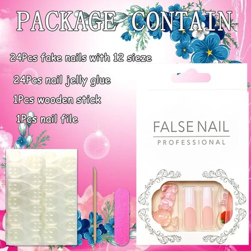 Press on Nails Coffin Long French 24Pcs Glossy Full Cover Acrylic Square Cute False Nails with Gems Designs Artificial Ballerina Fake Nails with Charm Glue Stick on Fingernails for Women Girls
