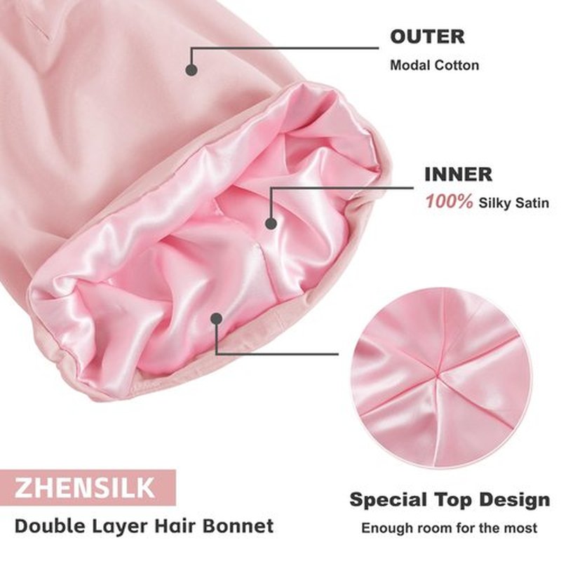Silk Bonnet for Sleeping Women, Adjustable Silky Satin Lined Sleep Cap, Silk Hair Wrap for Sleep Night Cap for Natural Curly Hair 2PCS(Black&Pink)