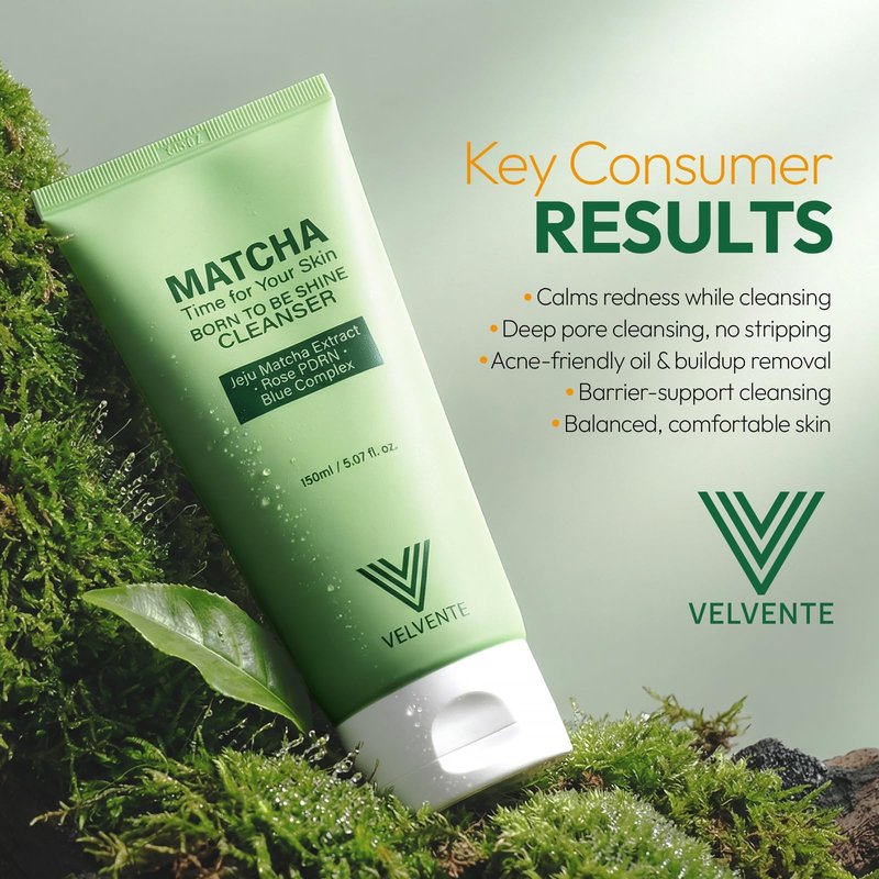 VELVENTE Matcha Gentle Deep Pore Cleansing Facial Cleanser, Low-pH Face Wash for Pore Refining, Rose PDRN Hydrating Daily Facial Wash Redness & Sensitive Skin Friendly, Korean Skincare(5.07 fl.oz.)