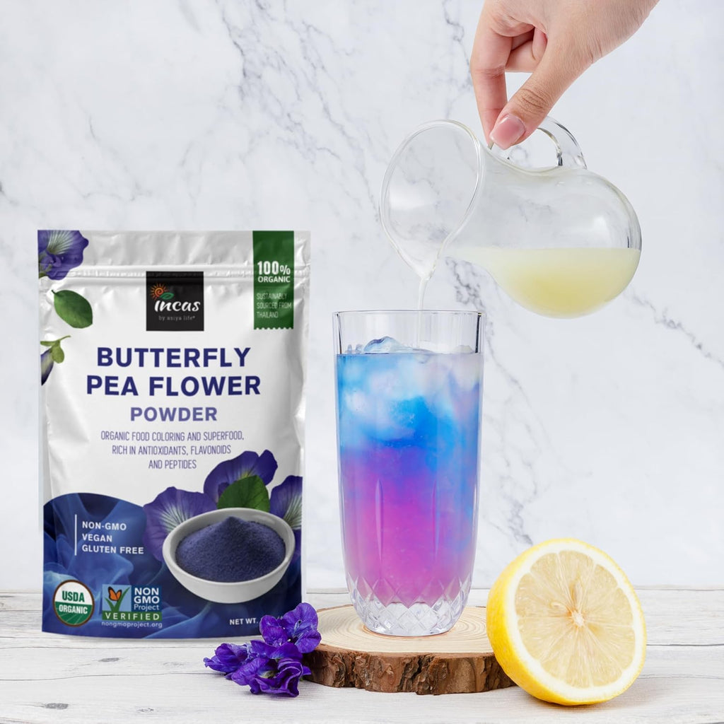 INCAS 100% USDA Organic Butterfly Pea Flower Powder - 8 Ounce | Organic Blue Matcha Tea | Non-GMO Verified Extract from Thailand | Adaptogenic Raw Culinary | Vegan Blue Food Coloring
