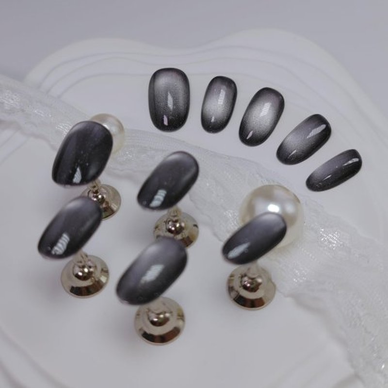 Cat Eye Press on Nails Handmade Short Oval/Square/Round False Nails with French Tip/Aurora/Magnetic Shimmer Designs (Shimmer#Black Pearl, Small)