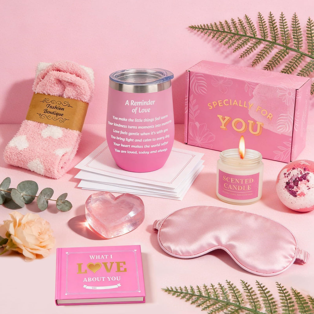 Valentines Day Gifts for Her, Birthday Gifts Set for Women, Unique Self Care Gift Basket With Thermos Cups, Heart Handmade Soap, Eye Masks, Galentines Gifts for Wife Girlfriend Mom Sister Daughter