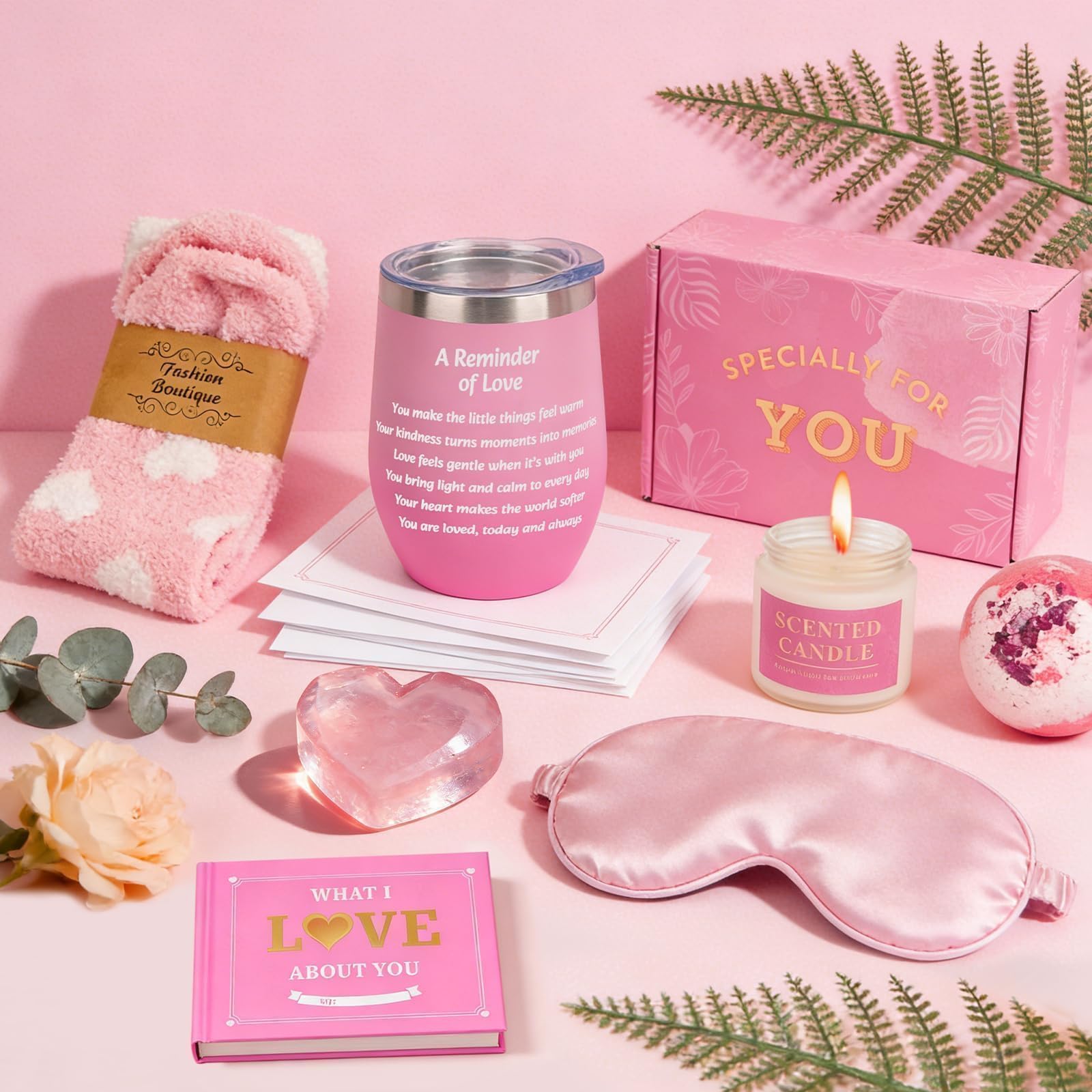 Valentines Day Gifts for Her, Birthday Gifts Set for Women, Unique Self Care Gift Basket With Thermos Cups, Heart Handmade Soap, Eye Masks, Galentines Gifts for Wife Girlfriend Mom Sister Daughter