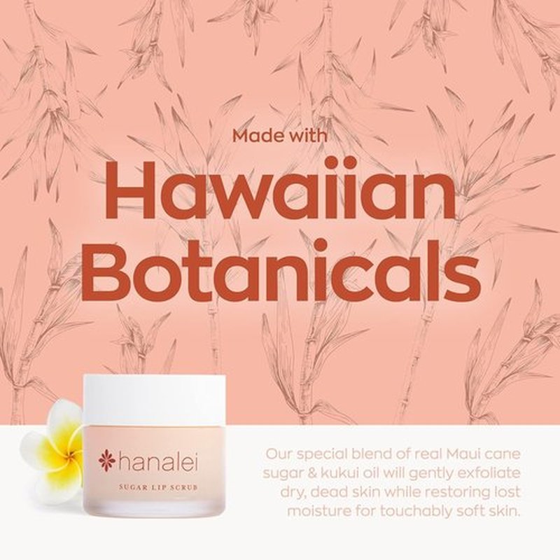Hanalei Vegan Sugar Lip Scrub Exfoliator - Natural Hawaiian Cane Sugar & Kukui Oil for Smooth, Hydrated Lips | 22g