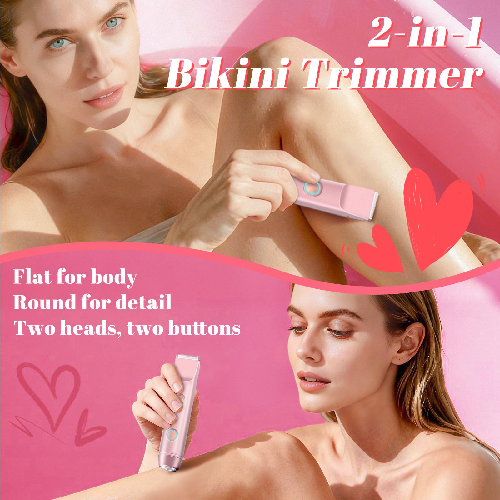 Fanovae Bikini Trimmer for Women – Dual-Head Electric Razor, IP67 Waterproof USB-C Rechargeable Shaver for Bikini Line, Underarms, Legs & Face, Rose Gold Stocking Stuffer Holiday Gift