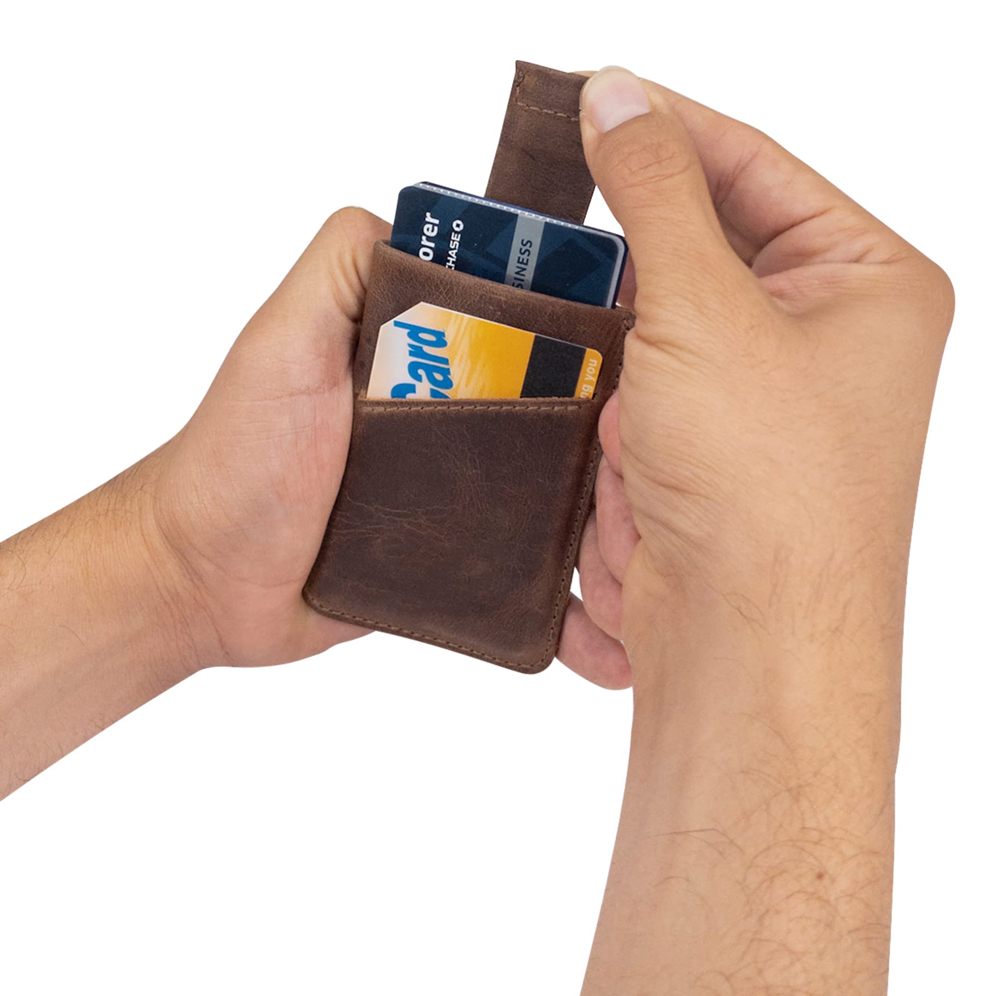 Hide & Drink Vertical Card Sleeve, Holds Cards & Folded Bills, Full Grain Leather, Handmade, Bourbon Brown
