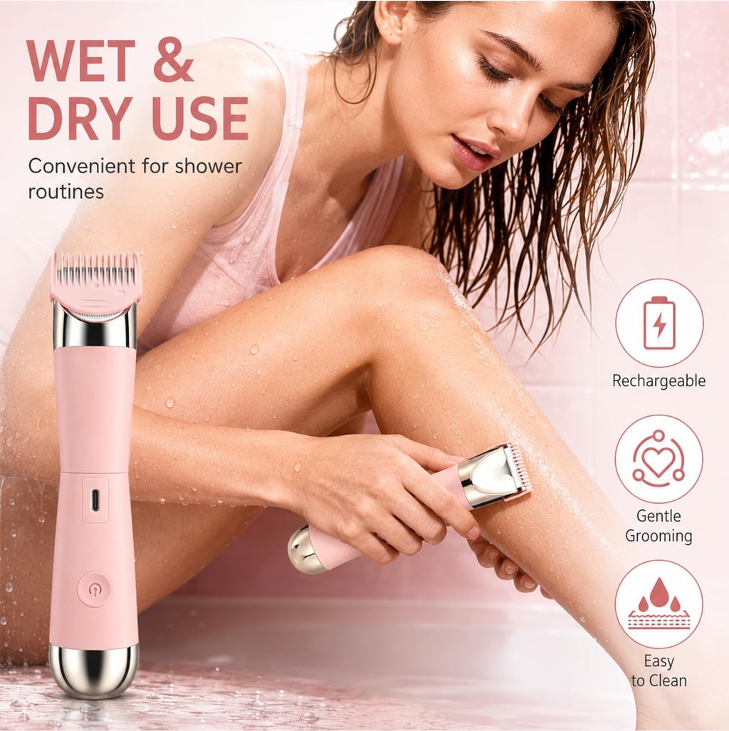 Dermave Bikini Shaver & Trimmer for Women, IPX7 Waterproof Electric Razor for Pubic Hair, Face, Legs, Underarms - Painless-Pink